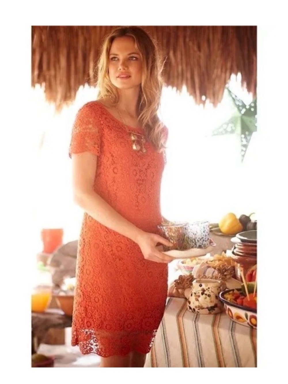 Moulinette Soeurs Red Orange Crochet Floral Lace Shift Dress Lined Zip 6
